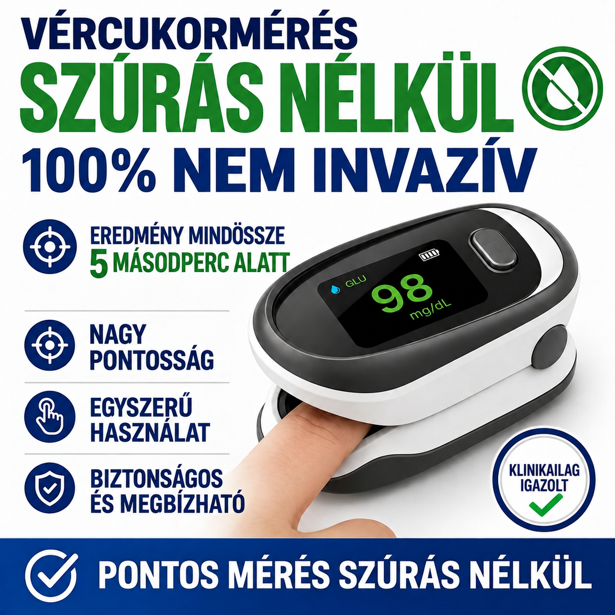 Csíptetős típusú, nem invazív vércukorszintmérő